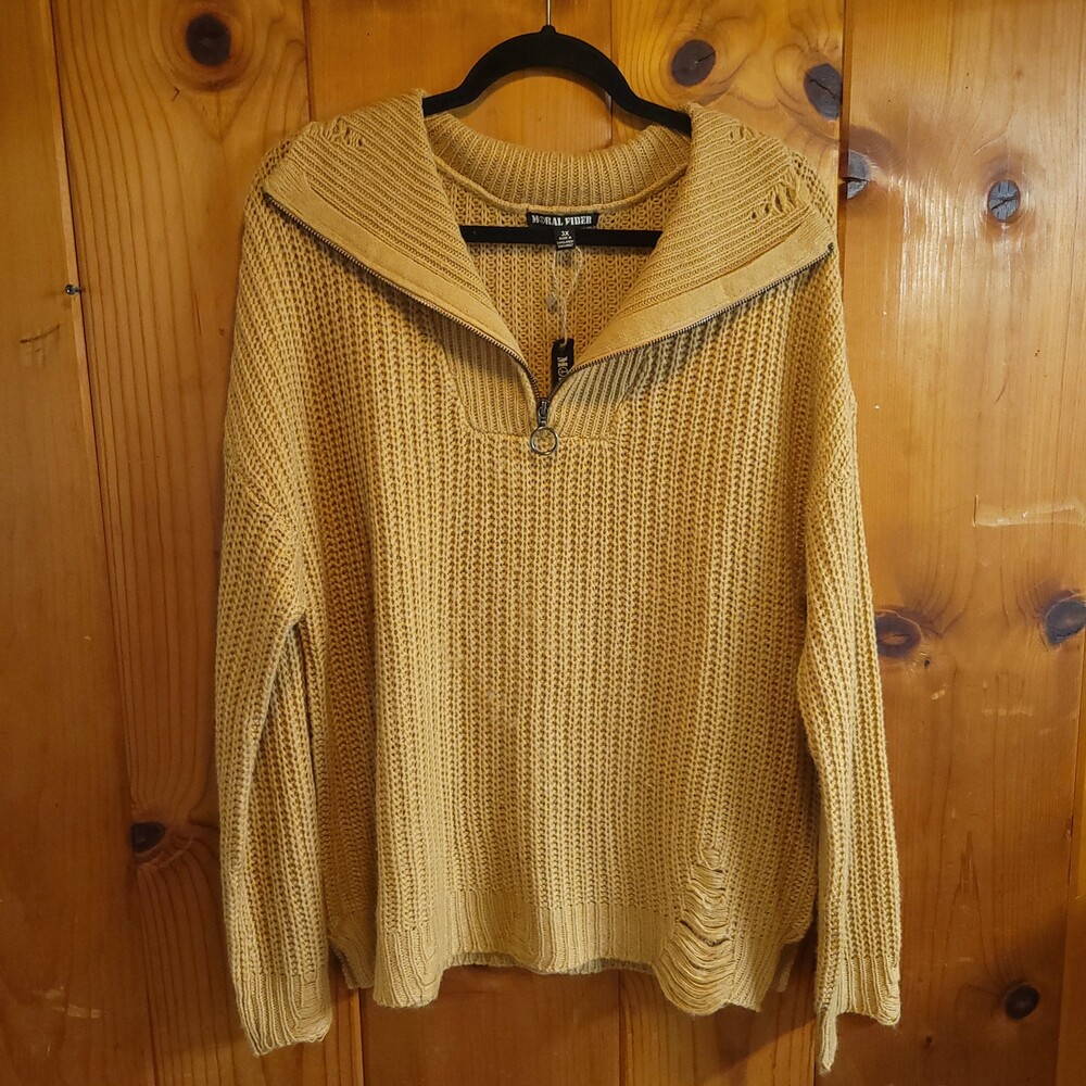 Moral Fiber 3X Sweater Mustard Yellow Acrylic Knit Distressed Zip Collar